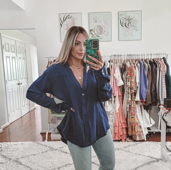 Free people navy blue cotton v neck long sleeve oversized top NWT - Picture 3 of 11